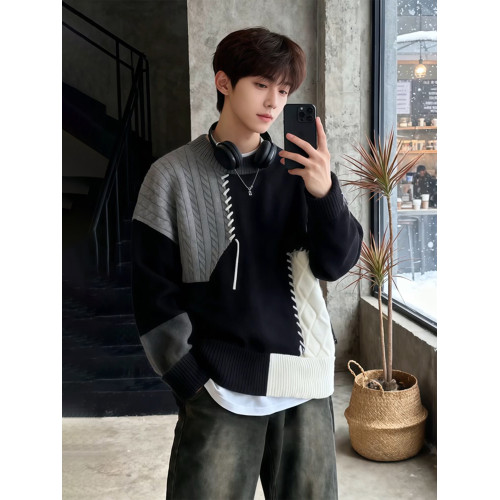 美式慵嬾高級感毛衣男秋冬加厚內搭可外穿撞色拼接圓領針織打底衫