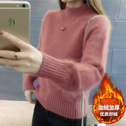 水貂絨新款針織衫女半高領2025年秋冬季加絨寬松套頭打底衫毛衣潮