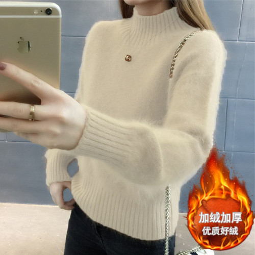 水貂絨新款針織衫女半高領2025年秋冬季加絨寬松套頭打底衫毛衣潮 水貂絨新款針織衫女半高領2025年秋冬季加絨寬松套頭打底衫毛衣潮
