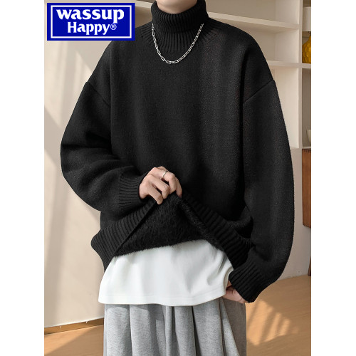 wassup happy高領毛衣男款秋冬季加絨加厚保暖內搭慵懶打底針織衫