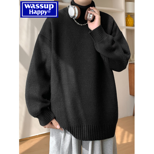 wassup happy高領毛衣男款秋冬季加絨加厚保暖內搭慵懶打底針織衫