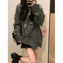 大碼y2k灰色破洞毛衣外套女假兩件秋冬設計感顯瘦亞文化上衣胖mm