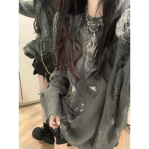 大碼y2k灰色破洞毛衣外套女假兩件秋冬設計感顯瘦亞文化上衣胖mm 大碼y2k灰色破洞毛衣外套女假兩件秋冬設計感顯瘦亞文化上衣胖mm