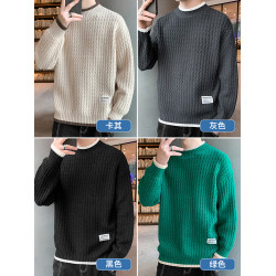 波浪紋毛衣男秋冬款潮牌內搭衣服假兩件線衣加絨加厚半高領針織衫