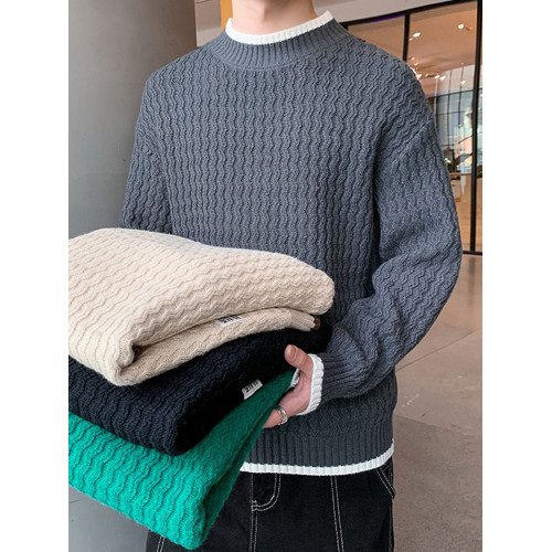 波浪紋毛衣男秋冬款潮牌內搭衣服假兩件線衣加絨加厚半高領針織衫