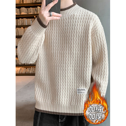 波浪紋毛衣男秋冬款潮牌內搭衣服假兩件線衣加絨加厚半高領針織衫