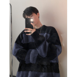 黑白條紋海馬毛毛衣男秋冬款軟糯針織衫情侶痞帥外套韓系慵懶風厚