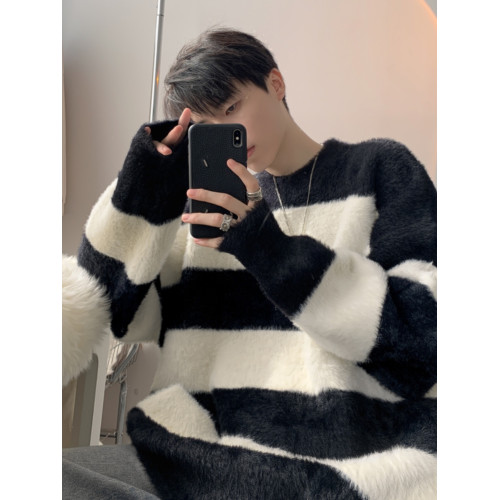 黑白條紋海馬毛毛衣男秋冬款軟糯針織衫情侶痞帥外套韓系慵懶風厚