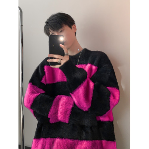 黑白條紋海馬毛毛衣男秋冬款軟糯針織衫情侶痞帥外套韓系慵懶風厚