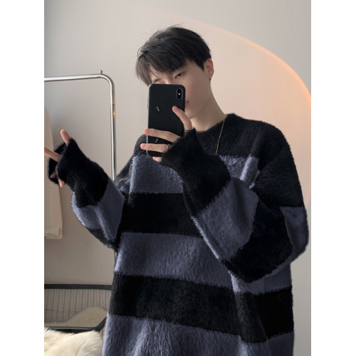 黑白條紋海馬毛毛衣男秋冬款軟糯針織衫情侶痞帥外套韓系慵懶風厚