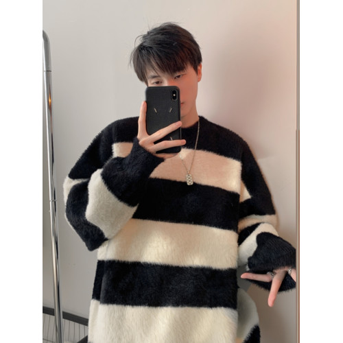 黑白條紋海馬毛毛衣男秋冬款軟糯針織衫情侶痞帥外套韓系慵懶風厚