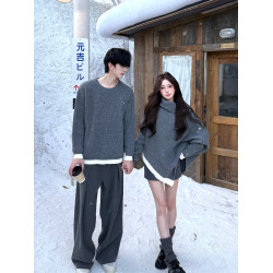 小衆設計感情侶裝毛衣秋冬cleanfit高領不規則氣質鬭篷針織衫外套