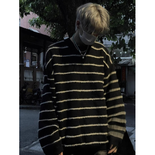 美式小衆設計感黑白條紋寬松套頭毛衣男女春秋休閒百搭針織衫上衣 美式小衆設計感黑白條紋寬松套頭毛衣男女春秋休閒百搭針織衫上衣