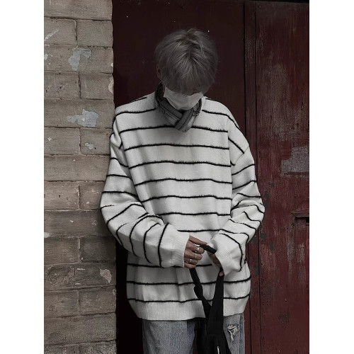 美式小衆設計感黑白條紋寬松套頭毛衣男女春秋休閒百搭針織衫上衣 美式小衆設計感黑白條紋寬松套頭毛衣男女春秋休閒百搭針織衫上衣