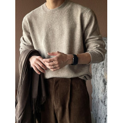 卡其色毛衣男士秋冬內搭圓領針織長袖打底衫復古寬松慵懶加厚上衣