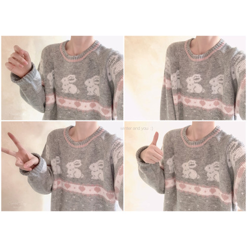 拉毛紗 愛心棋盤格小兔子提花 童趣 插肩袖 寬鬆毛衣 K