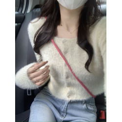 溫柔風長袖方領針織開衫女秋冬2025新款高腰打底修身毛毛短款上衣