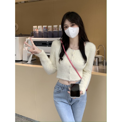 溫柔風長袖方領針織開衫女秋冬2025新款高腰打底修身毛毛短款上衣