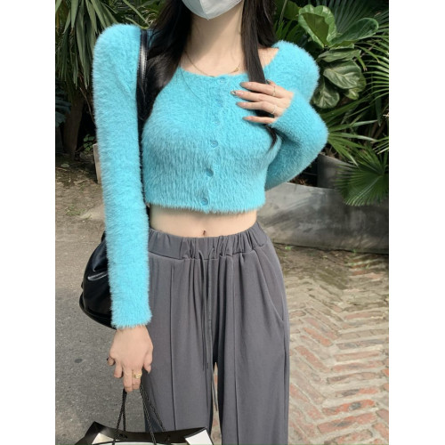 溫柔風長袖方領針織開衫女秋冬2025新款高腰打底修身毛毛短款上衣