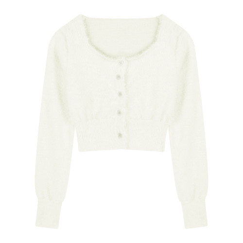 溫柔風長袖方領針織開衫女秋冬2025新款高腰打底修身毛毛短款上衣