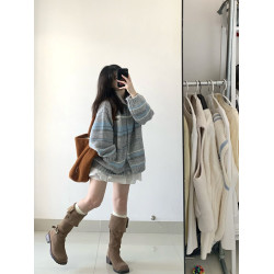 秋冬費爾島毛衫加厚氛圍感外穿高齡毛衣短外套長袖女韓系針織開衫