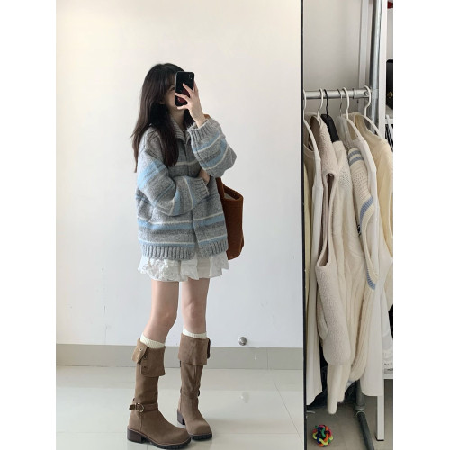 秋冬費爾島毛衫加厚氛圍感外穿高齡毛衣短外套長袖女韓系針織開衫