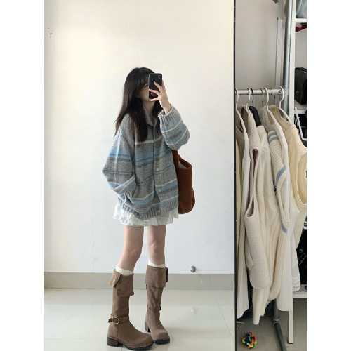 秋冬費爾島毛衫加厚氛圍感外穿高齡毛衣短外套長袖女韓系針織開衫