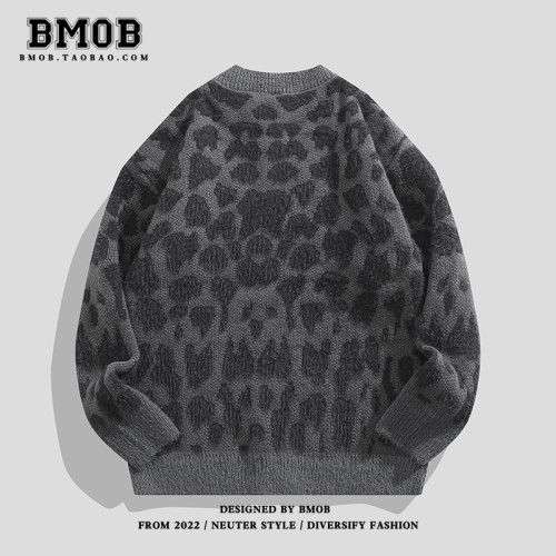 BMOB美式復古豹紋提花毛衣設計感高級情侶街頭嘻哈針織開衫寬松男 BMOB美式復古豹紋提花毛衣設計感高級情侶街頭嘻哈針織開衫寬松男