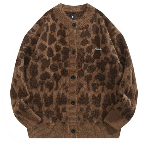 BMOB美式復古豹紋提花毛衣設計感高級情侶街頭嘻哈針織開衫寬松男 BMOB美式復古豹紋提花毛衣設計感高級情侶街頭嘻哈針織開衫寬松男