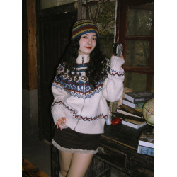 費爾島學院風提花高領毛衣外套女秋冬溫柔奶fufu寬松外搭針織開衫