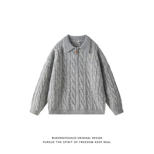 悟空有貨復古麻花半拉鍊POLO領針織衫男秋季寬松情侶休閒百搭毛衣 悟空有貨復古麻花半拉鍊POLO領針織衫男秋季寬松情侶休閒百搭毛衣