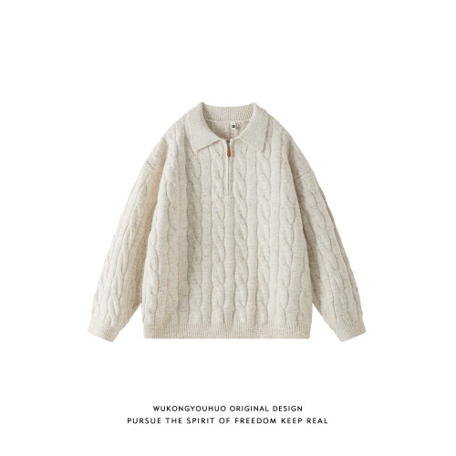 悟空有貨復古麻花半拉鍊POLO領針織衫男秋季寬松情侶休閒百搭毛衣 悟空有貨復古麻花半拉鍊POLO領針織衫男秋季寬松情侶休閒百搭毛衣