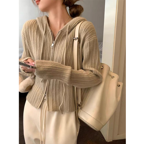 韓系chic別致雙拉鍊連帽針織開衫女春秋季高級感短款毛衣外套上衣