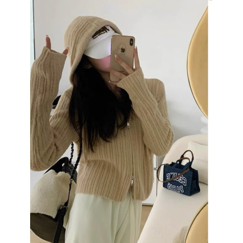 韓系chic別致雙拉鍊連帽針織開衫女春秋季高級感短款毛衣外套上衣