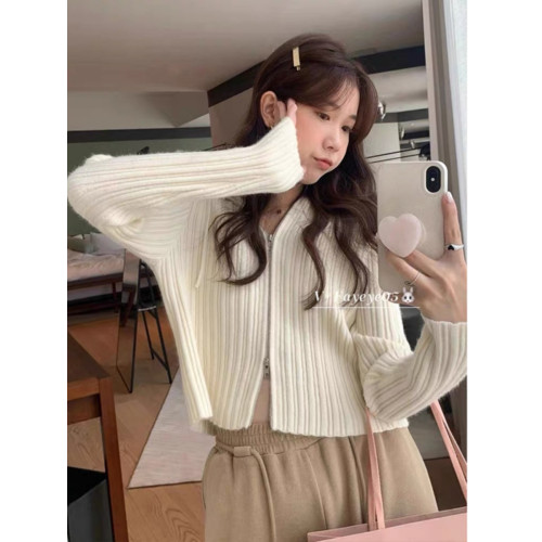 韓系chic別致雙拉鍊連帽針織開衫女春秋季高級感短款毛衣外套上衣