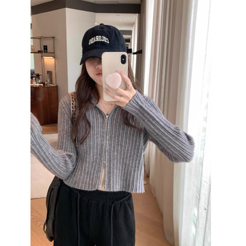 韓系chic別致雙拉鍊連帽針織開衫女春秋季高級感短款毛衣外套上衣