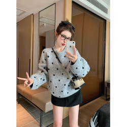 灰色波點套頭毛衣女秋冬季加厚寬松休閒港味復古小個子內搭針織衫