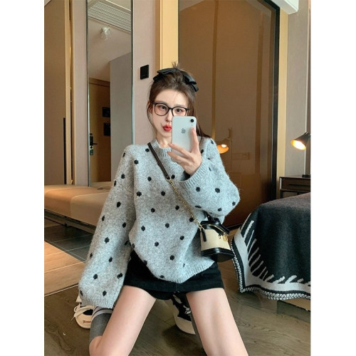灰色波點套頭毛衣女秋冬季加厚寬松休閒港味復古小個子內搭針織衫 灰色波點套頭毛衣女秋冬季加厚寬松休閒港味復古小個子內搭針織衫