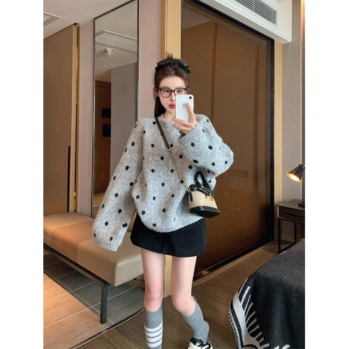 灰色波點套頭毛衣女秋冬季加厚寬松休閒港味復古小個子內搭針織衫 灰色波點套頭毛衣女秋冬季加厚寬松休閒港味復古小個子內搭針織衫