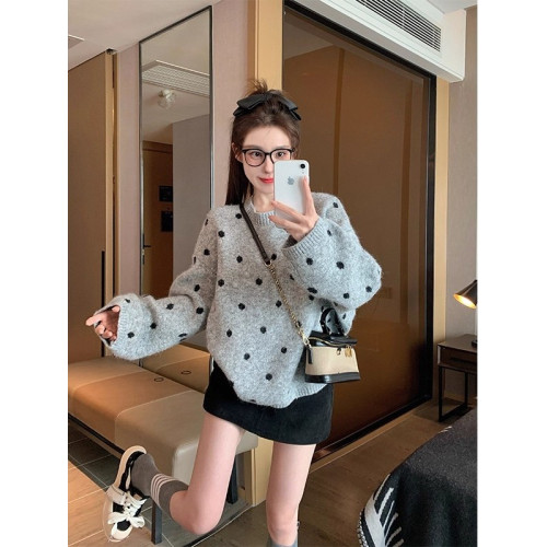 灰色波點套頭毛衣女秋冬季加厚寬松休閒港味復古小個子內搭針織衫 灰色波點套頭毛衣女秋冬季加厚寬松休閒港味復古小個子內搭針織衫