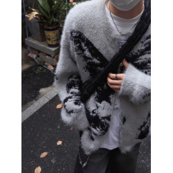 美式潮牌蝴蝶提花海馬毛拉鍊開衫毛衣男秋冬慵懶風寬松針織衫外套