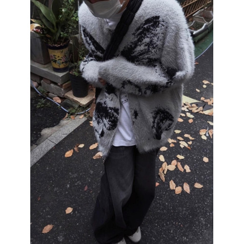 美式潮牌蝴蝶提花海馬毛拉鍊開衫毛衣男秋冬慵懶風寬松針織衫外套 美式潮牌蝴蝶提花海馬毛拉鍊開衫毛衣男秋冬慵懶風寬松針織衫外套