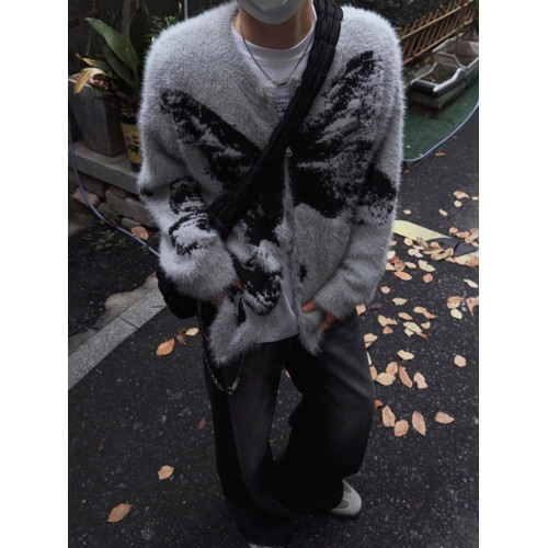 美式潮牌蝴蝶提花海馬毛拉鍊開衫毛衣男秋冬慵懶風寬松針織衫外套 美式潮牌蝴蝶提花海馬毛拉鍊開衫毛衣男秋冬慵懶風寬松針織衫外套