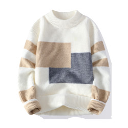 撞色毛衣男冬季加絨加厚潮牌針織衫男寬松高級感慵懶秋冬保暖線衣