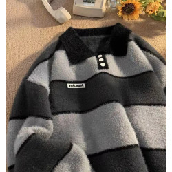 polo領條紋毛衣男女款秋冬加厚古著感日系復古慵懶風軟糯針織外套