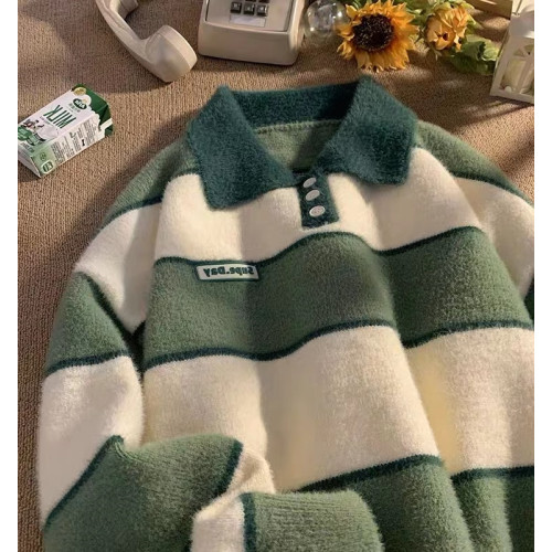 polo領條紋毛衣男女款秋冬加厚古著感日系復古慵懶風軟糯針織外套 polo領條紋毛衣男女款秋冬加厚古著感日系復古慵懶風軟糯針織外套