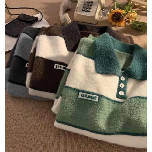 polo領條紋毛衣男女款秋冬加厚古著感日系復古慵懶風軟糯針織外套 polo領條紋毛衣男女款秋冬加厚古著感日系復古慵懶風軟糯針織外套