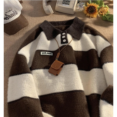 polo領條紋毛衣男女款秋冬加厚古著感日系復古慵懶風軟糯針織外套 polo領條紋毛衣男女款秋冬加厚古著感日系復古慵懶風軟糯針織外套