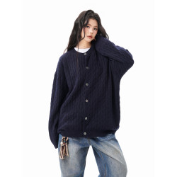 美式復古麻花紐釦毛衣開衫女男秋冬季純色肌理感慵懶針織外套情侶