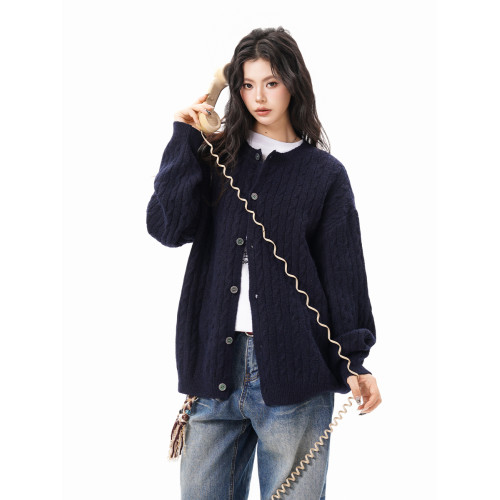 美式復古麻花紐釦毛衣開衫女男秋冬季純色肌理感慵懶針織外套情侶 美式復古麻花紐釦毛衣開衫女男秋冬季純色肌理感慵懶針織外套情侶